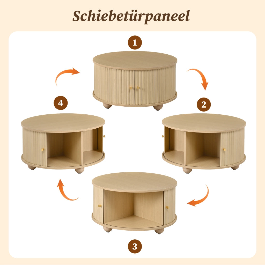 Tavolino basso rotondo con 2 ante scorrevoli, 4 vani interni e struttura in MDF, naturale, 72 × 72 × 38 cm