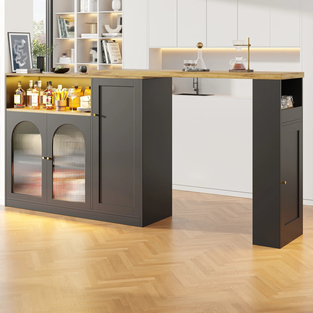 Mobile Bar con Piano Girevole 360; Ripiani Aperti; Anta in Vetro Rigato e LED per Cucina in MDF Nero