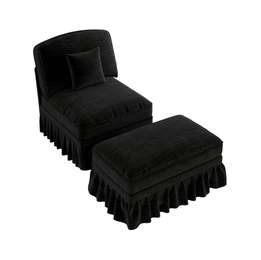 Poltrona lounge in chenille con pouf; balza removibile e cuscino mobile; nero