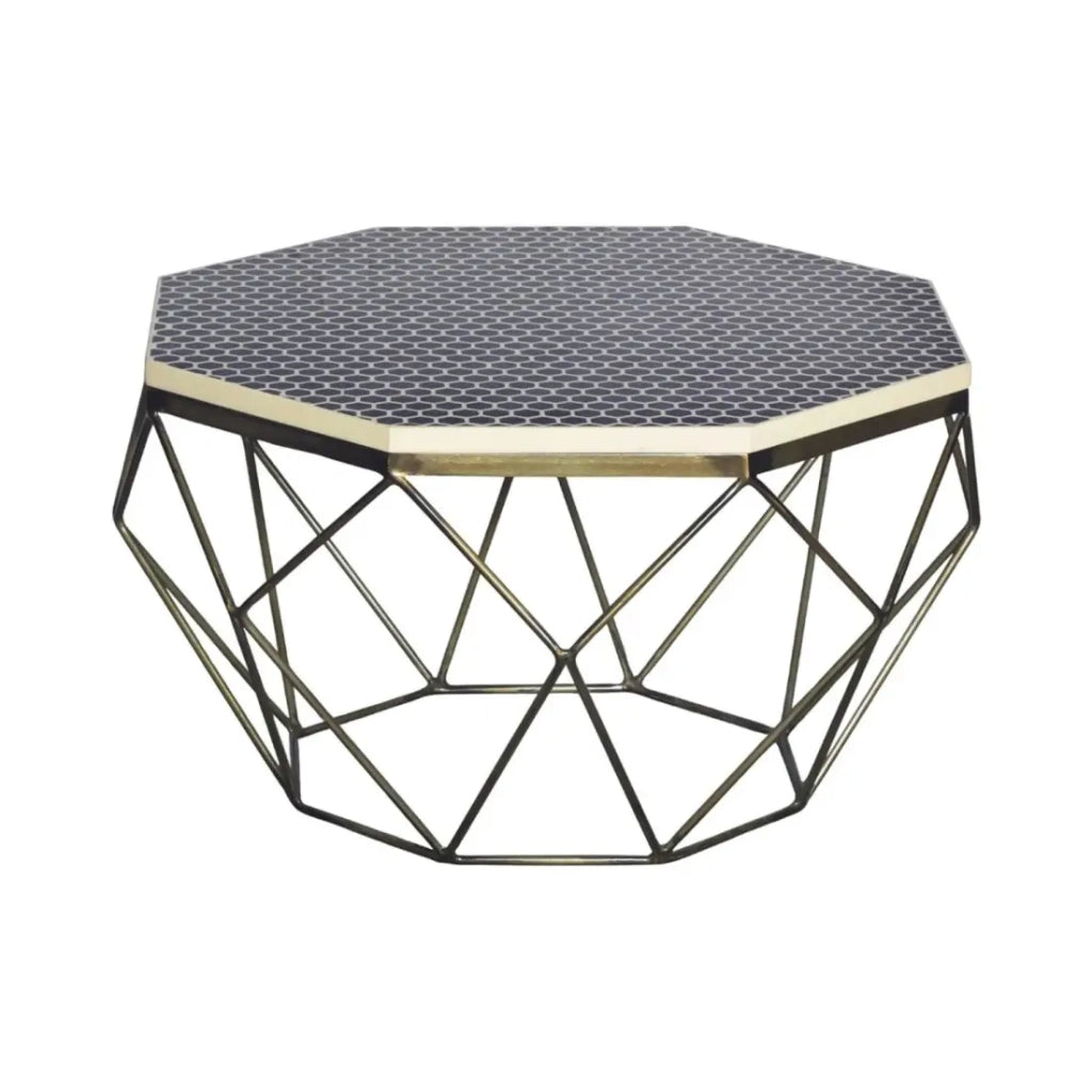 Tavolino basso NEXORA 69 cm in poliresina nera e ferro finitura ottone design geometrico