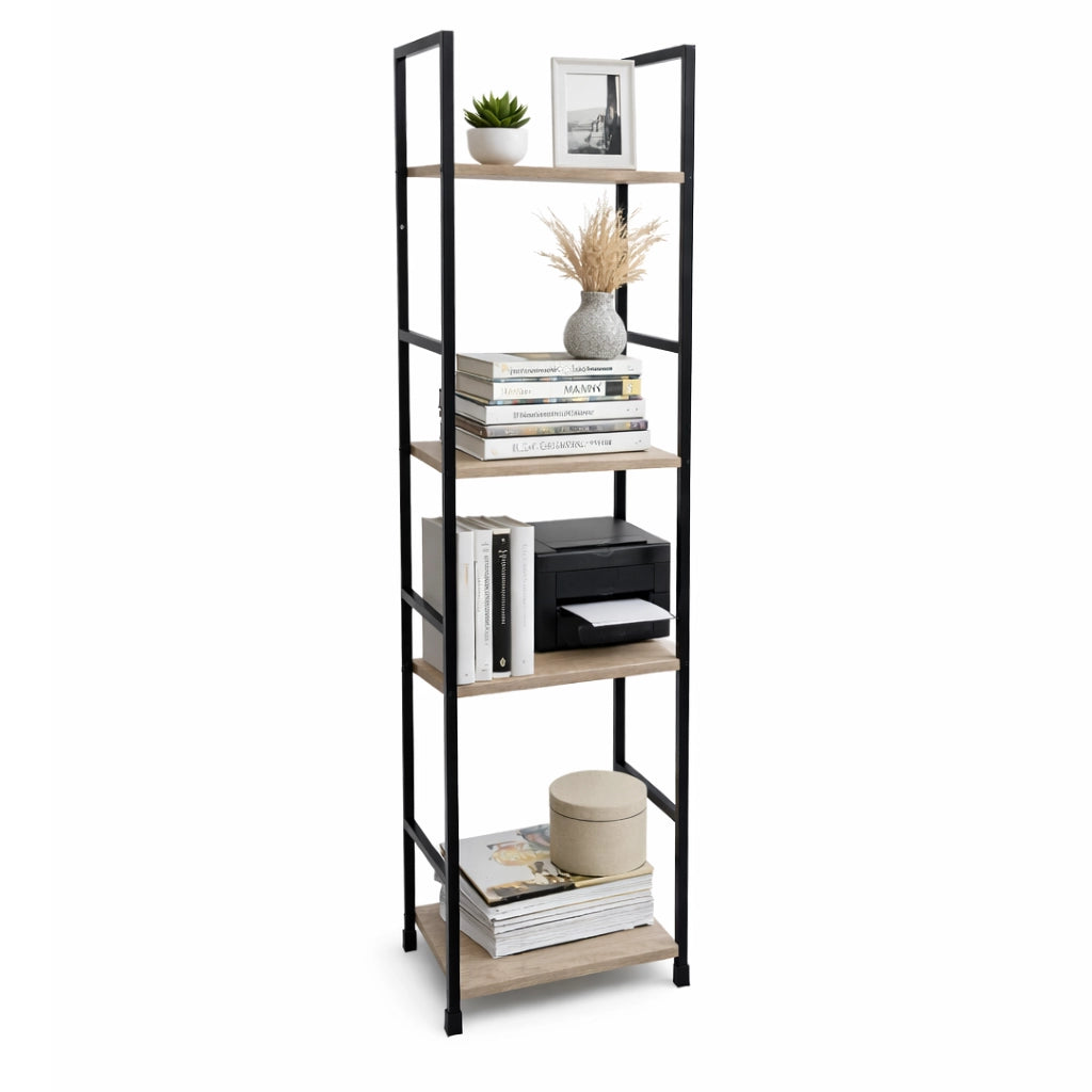 Mobile Scaffale Industrial 4 Ripiani Metallo Nero Legno Mdf Rovere 29x24 H112cm