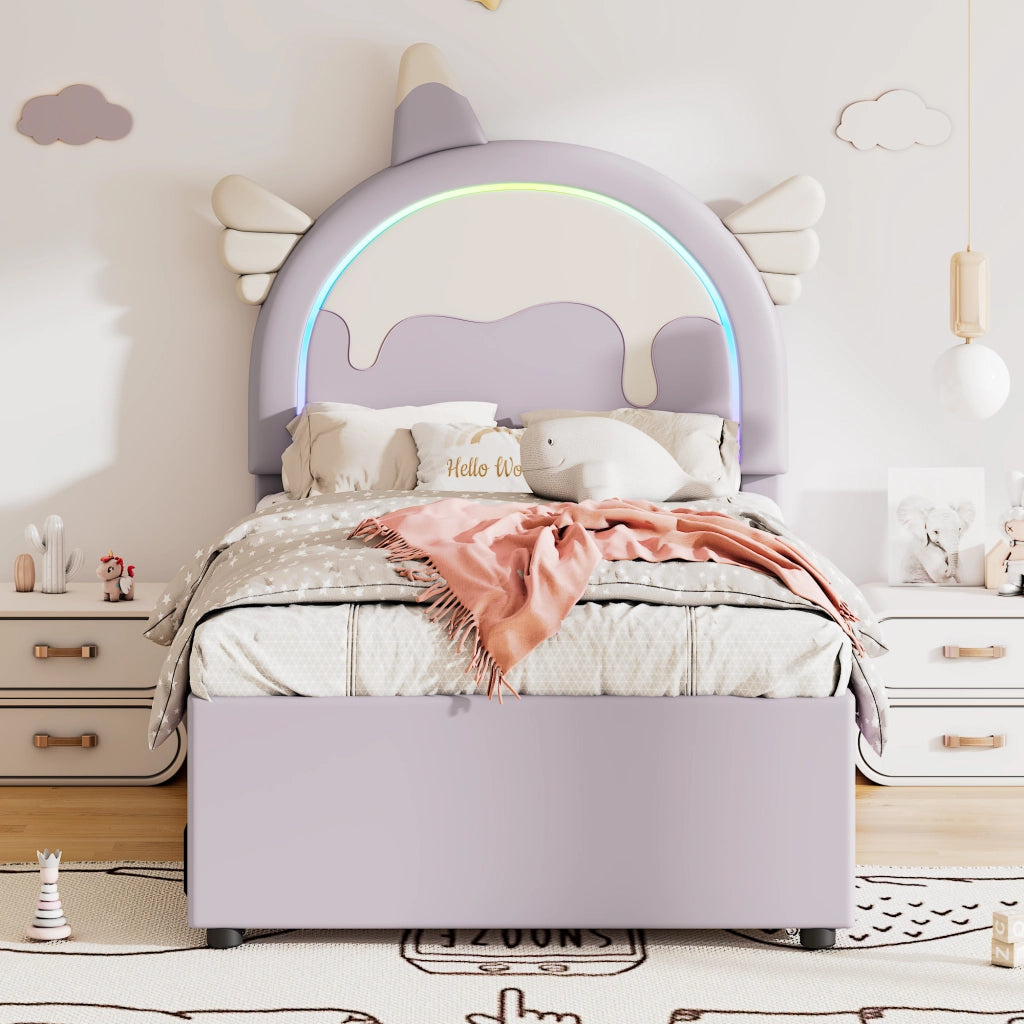 OKWISH Letto Bambini 90×200 cm, Letto Singolo con Letto Estraibile, 2 Cassetti e Testiera a Unicorno, senza Materasso, in PU, Viola