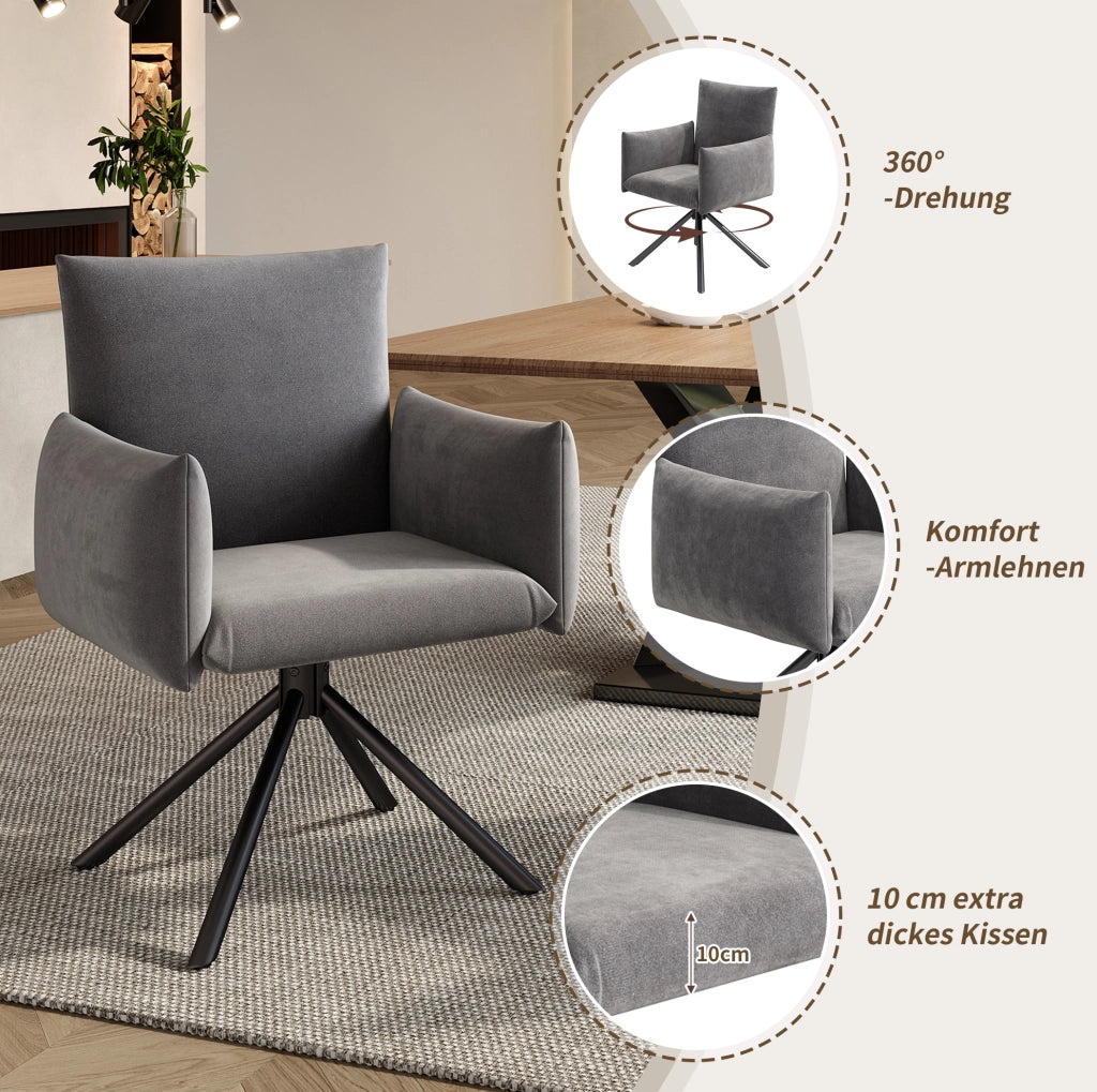 Set di 2 sedie girevoli in velluto grigio con braccioli