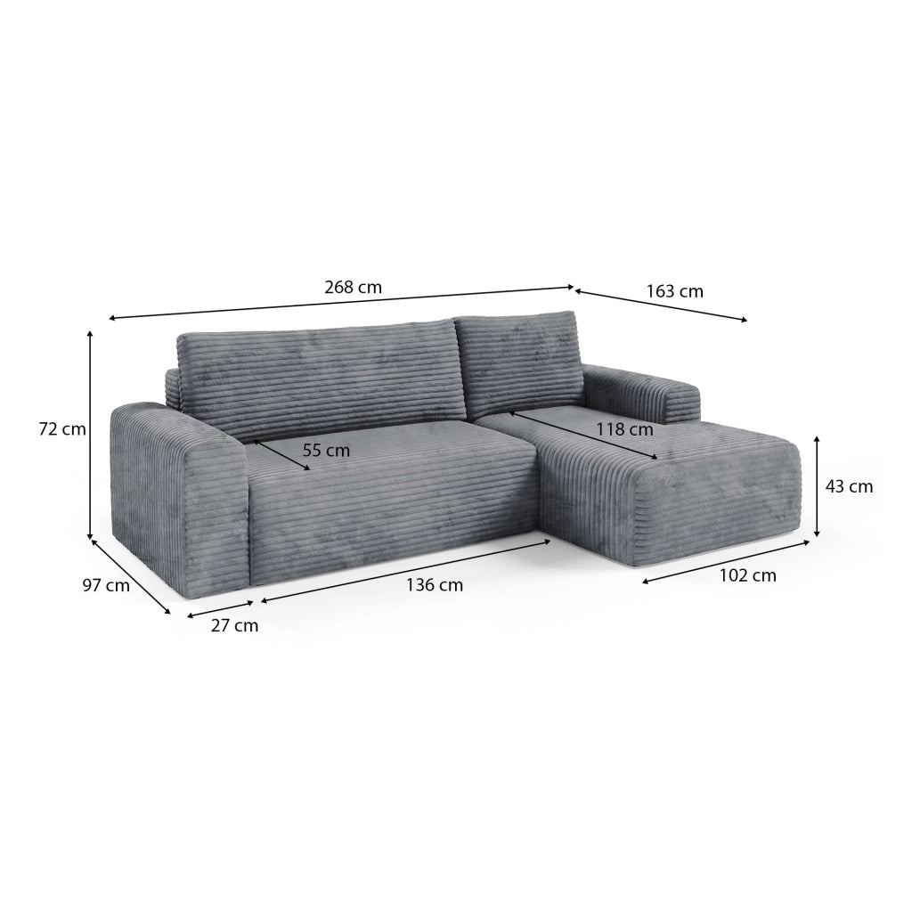 Folgarida, Divano Letto con Penisola Contenitore, 268x163 cm Grigio