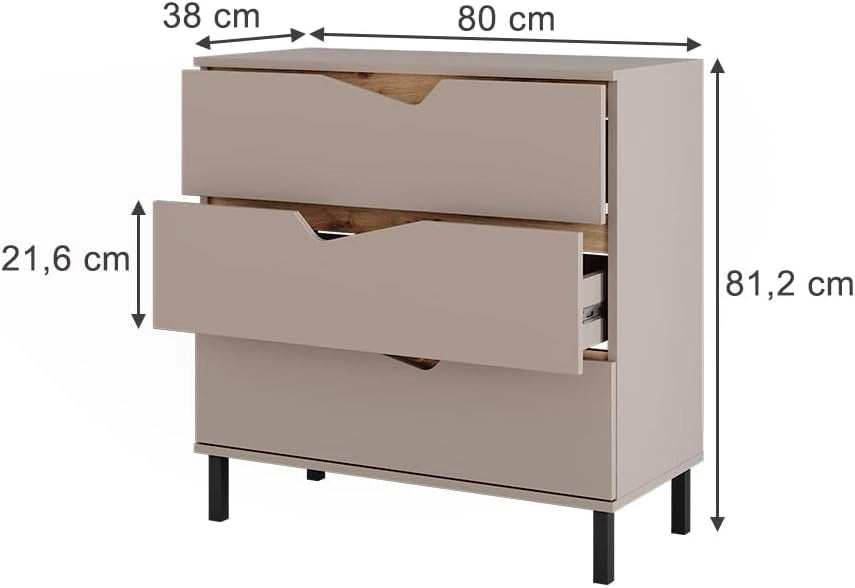 Cassettiera per camera da letto Marelle, Greige/rovere artigianale, 80 x 81.2 cm con 3 cassetti