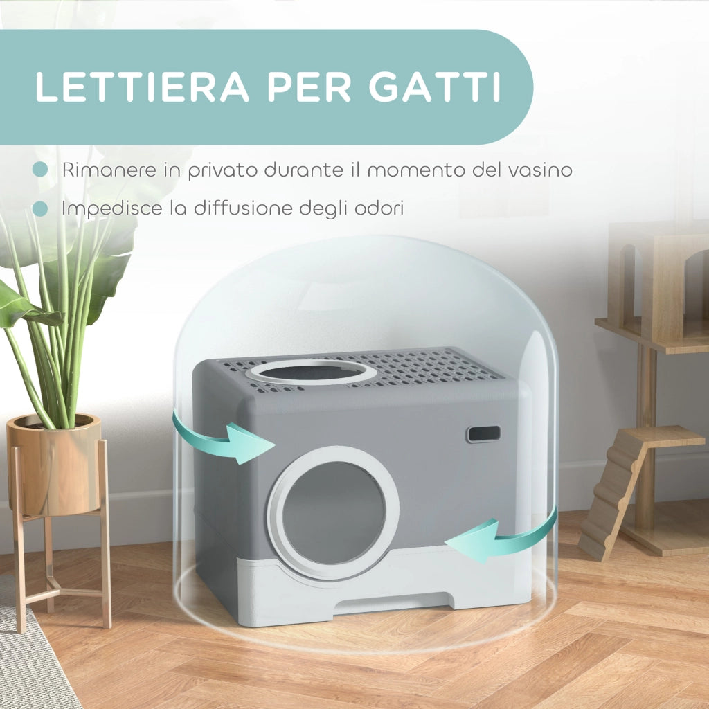 Lettiera per Gatti con Coperchio e Paletta. Doppio Ingresso e Vassoio Estraibile. 52x41x38.5 cm. Grigio