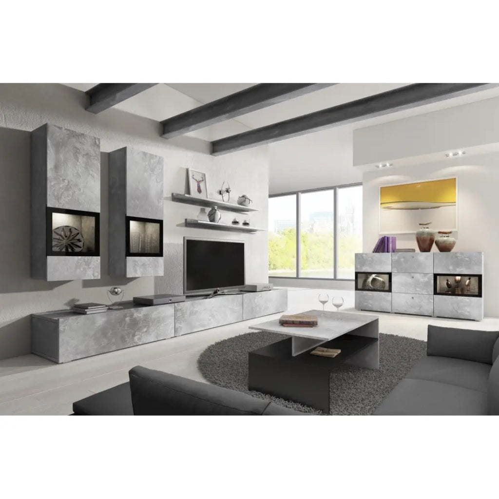 Buffet RAMOS – 2 porte in vetro + 3 cassetti – Grigio effetto cemento e nero – Senza LED