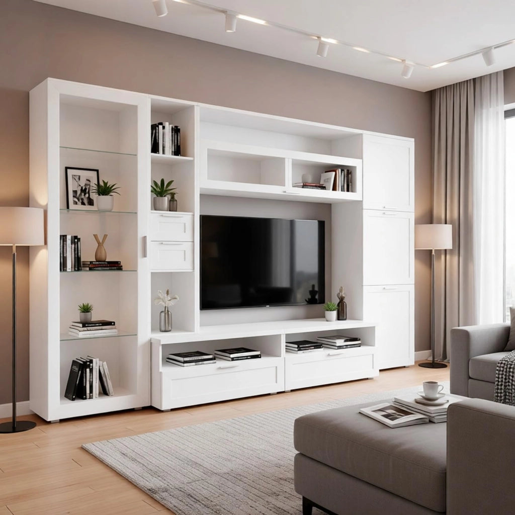 Parete Attrezzata Con Vetrina 6 Ante Battenti E 3 Ribalte Ampio Mobile Porta TV Con Ripiani Design Moderno Per Zona Living Elegante Minimal Funzionale 300 X 50 X 215 Cm Bianco
