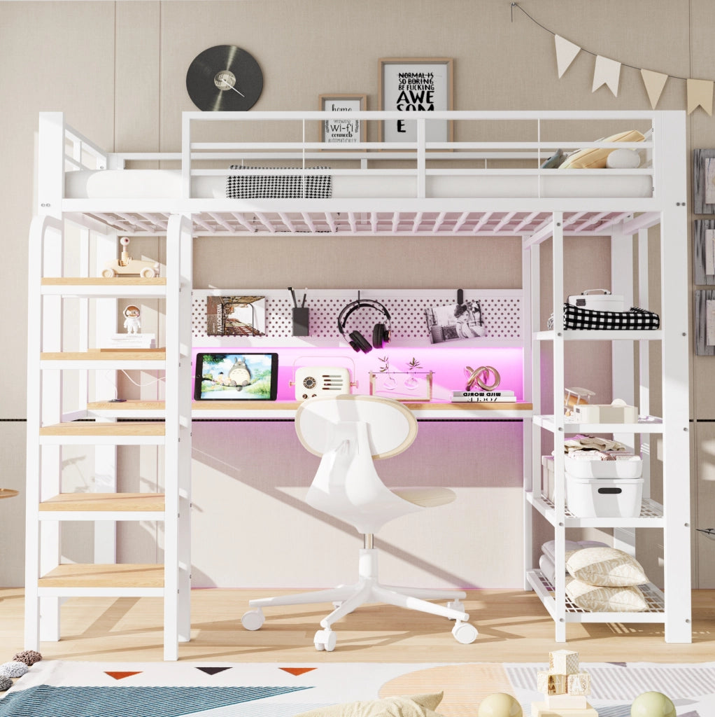 Letto a soppalco ULEVR 90x200 cm con scrivania, LED multicolore, prese integrate e ripiani, bianco