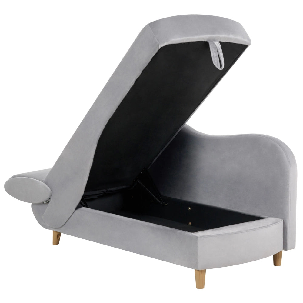 Chaise Longue in velluto grigio chiaro lato sinistro con contenitore stile moderno soggiorno