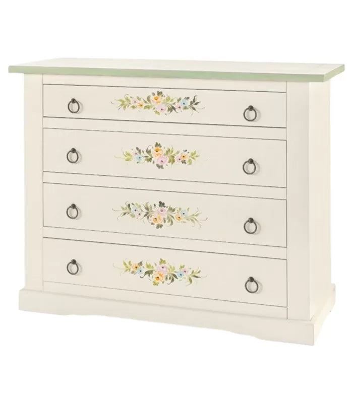 Cassettiera 4 cassetti legno shabby bianco decori 115x50x90 (498) - Mobili 2G