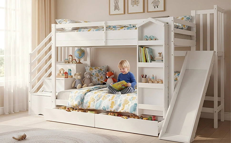 Letto a castello per bambini con scivolo, libreria e cassetti, 90x200 cm, bianco