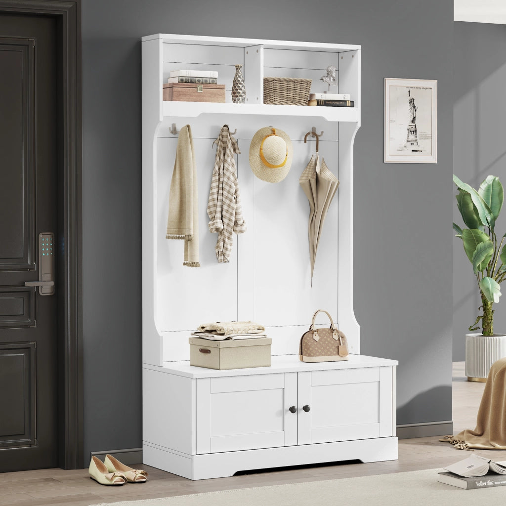 Mobile ingresso con panca; 2 ante; 2 vani aperti e 4 ganci; per ingresso; bianco; 101.5 × 183 cm