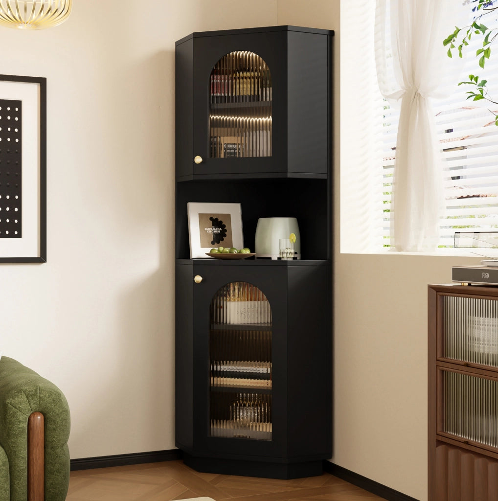 Mobile bagno angolare ULEVR con anta in vetro sagomato, vani aperti e luce interna, MDF nero