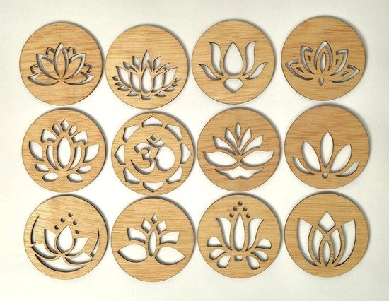 Set di sostegni yoga in legno - 12 pezzi - 9 x 9 cm - sostegni per caffè e tè - pulizia e meditazione - simboli spirituali - accessori yoga in legno