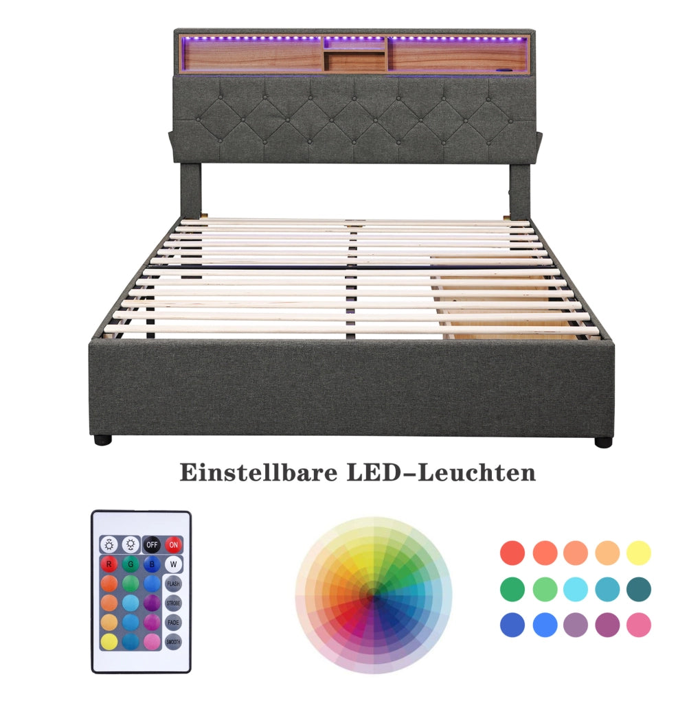 Letto matrimoniale con testiera regolabile; LED e USB; 2 cassetti; grigio 140x200 cm