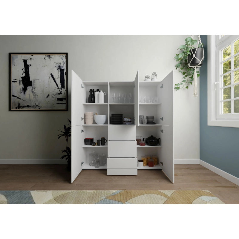 Credenza alta moderna 5 ante/3 cassetti 150x35x165 cm Elios - Bianco Lucido
