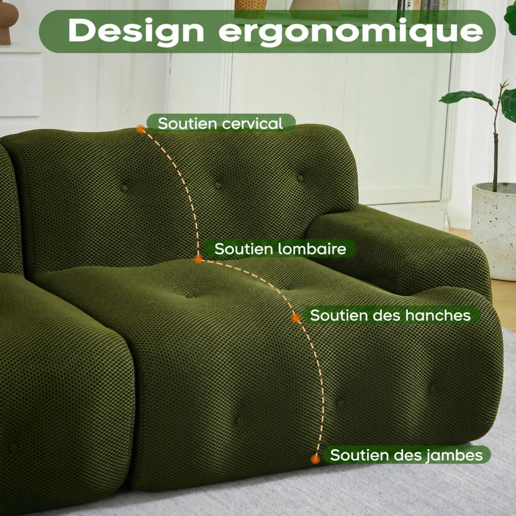 Divano a due posti in tessuto con braccioli ampi, bottoni cuciti a mano e base antiscivolo verde 224 × 104 × 66 cm