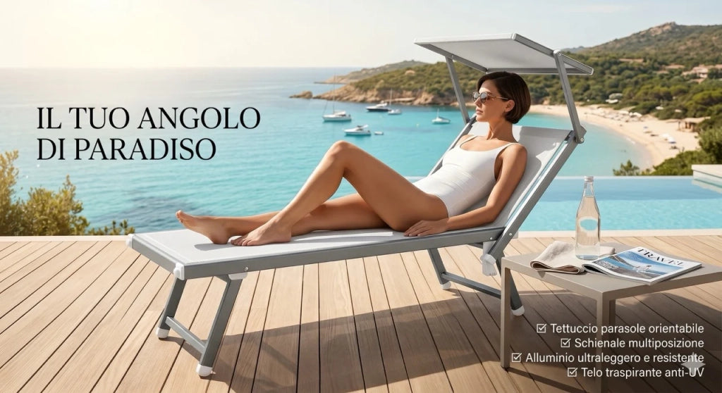 Lettino Prendisole Pieghevole crema Sdraio Alluminio con Parasole Regolabile Mare Giardino Piscina Tessuto Traspirante