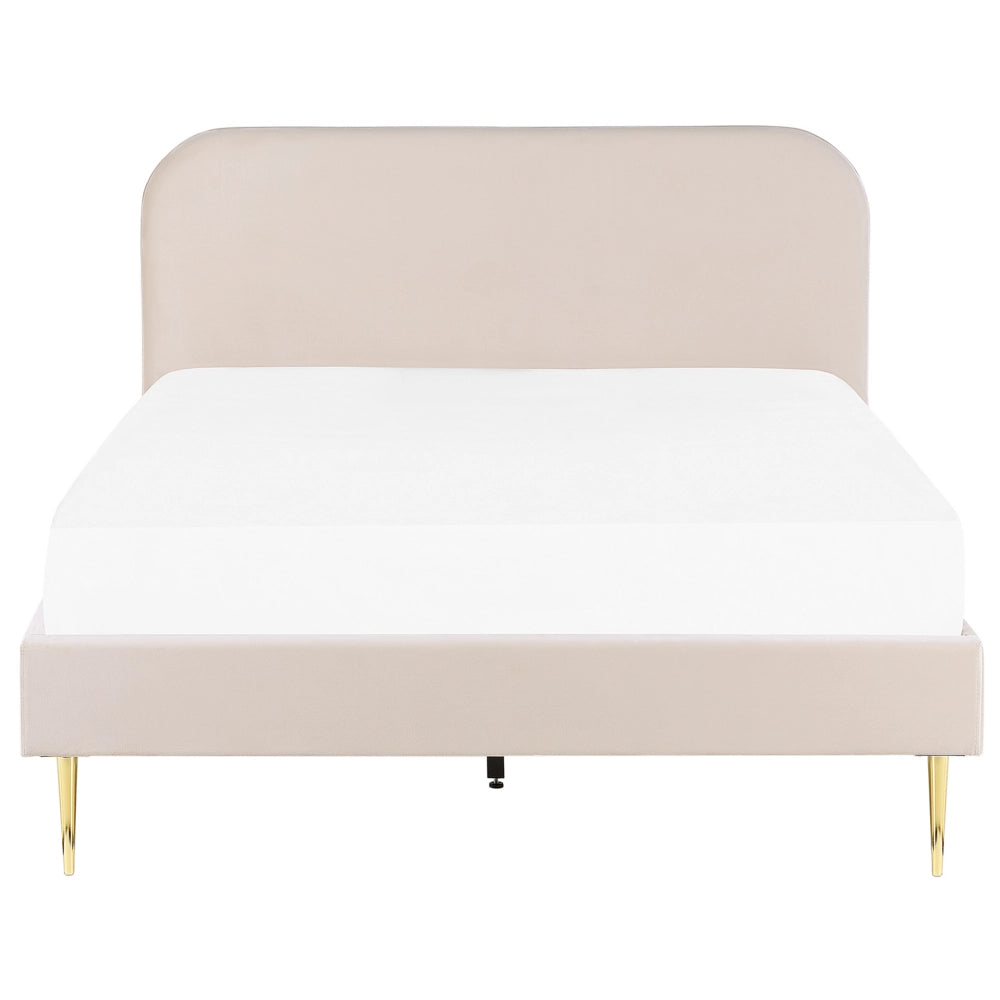 Letto beige velluto tappezzeria doppia dimensione gambe dorate testiera con rete a doghe 140 x 200 cm design minimalista