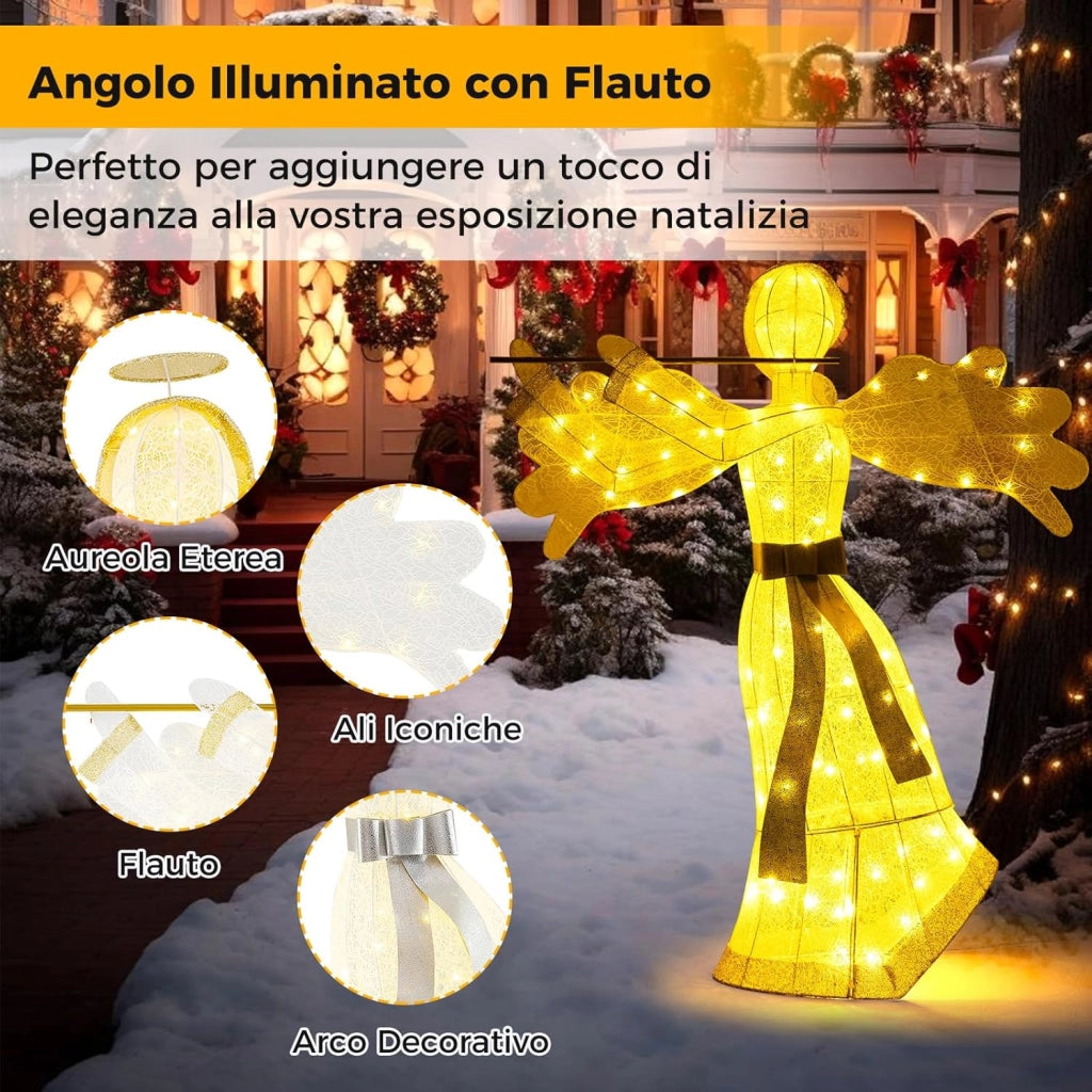 Angelo Natalizio Illuminato da Esterno, Decorazione Natalizia con 100 Luci LED, 4 Picchetti da Terra e 10 Fascette, per Giardino, Cortile e Prato (Modello 3)