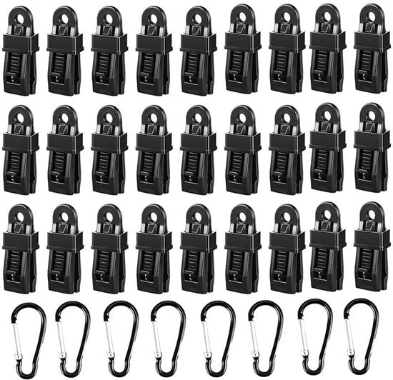 Set di Zeilclips da 32 - Zeilclips Multifunzionali - Tentclips - Accessori per Camping - Materiale PP Duraturo - 8 Haken con Carabiner
