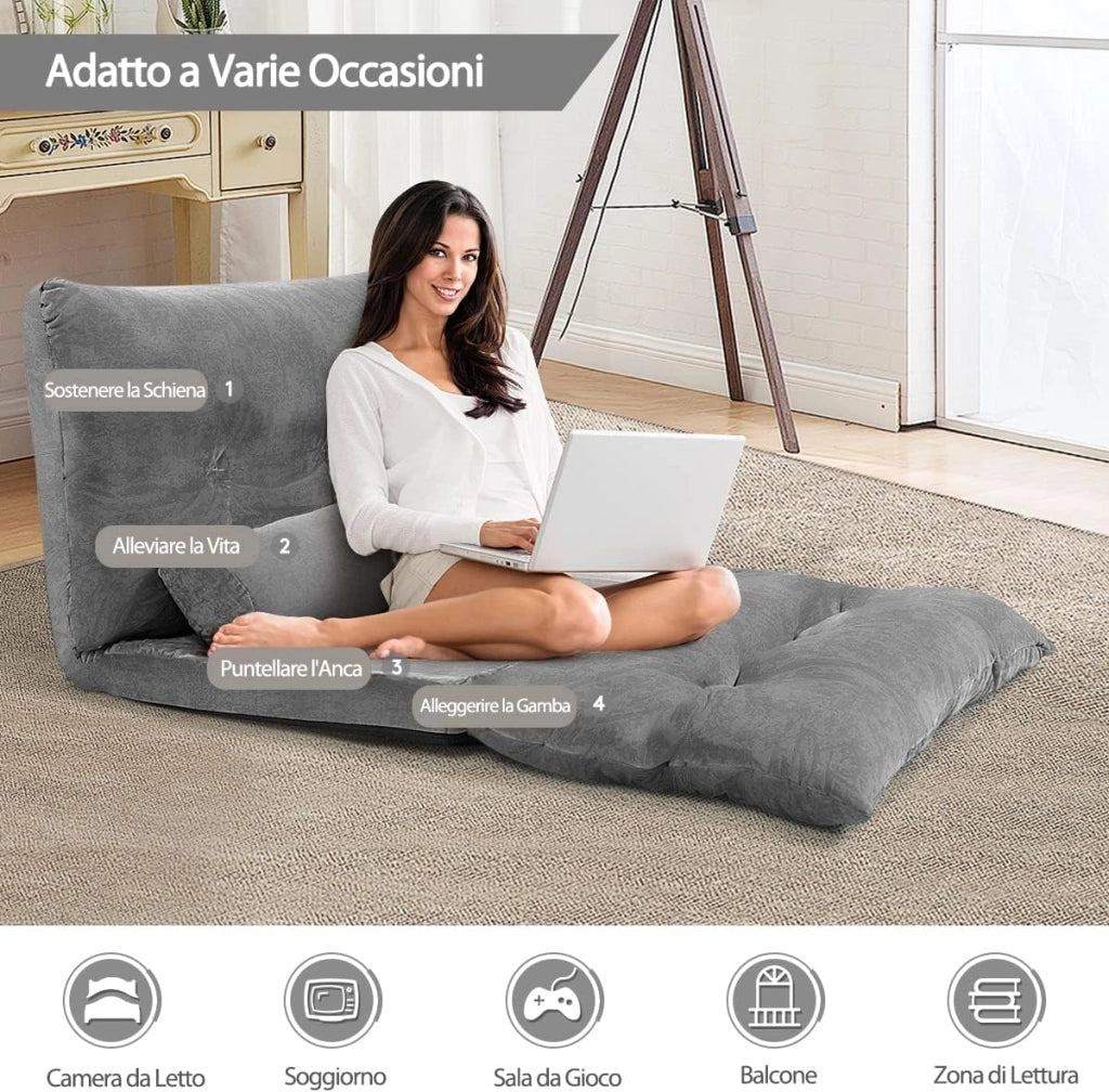 Divano da Terra, Divano Letto Multifunzionale Regolabile in 6 Posizioni con 2 Cuscini, con Fodera in Camoscio per Camera da Letto Salone Balcone (Grigio 156x173x24 cm)
