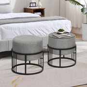 Set 2 Pouf TAS Reversibili Impilabili Seduta Imbottita e Piano Rigido Circolare 38xØ38 cm Grigio Chiaro [en.casa]