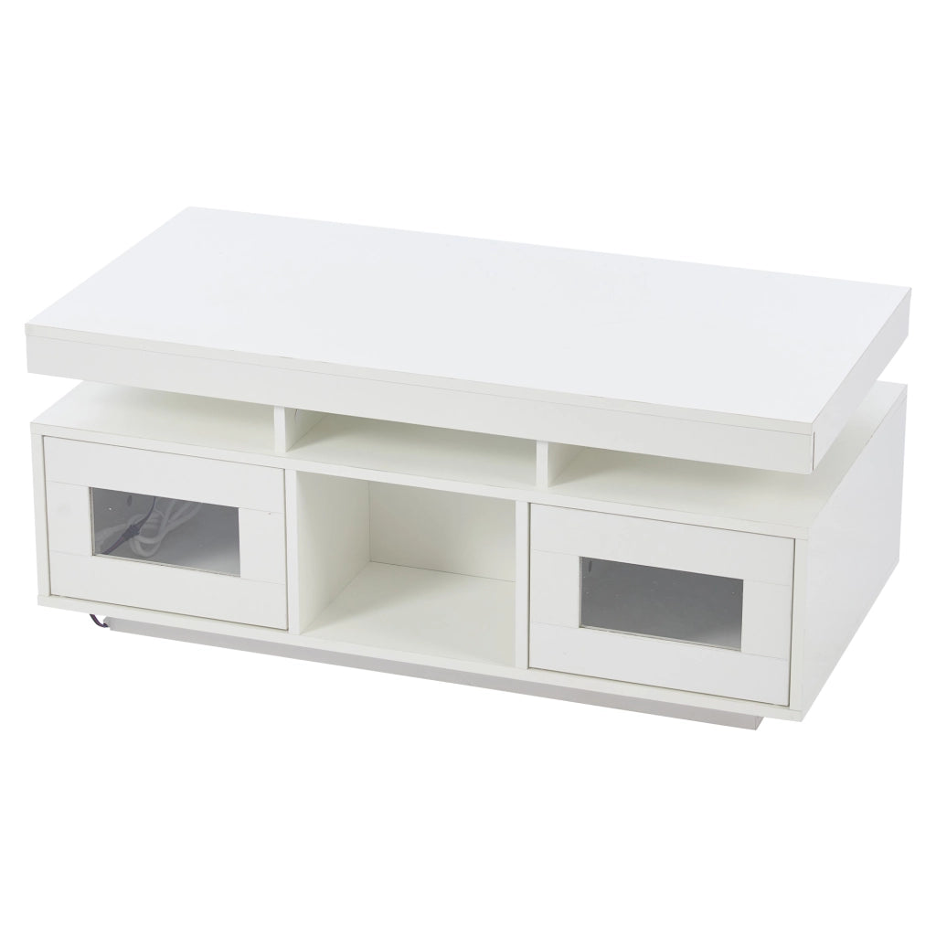 TAVOLO da caffè 100x50x43 cm Bianco lucido con LED, presa USB e ripiani