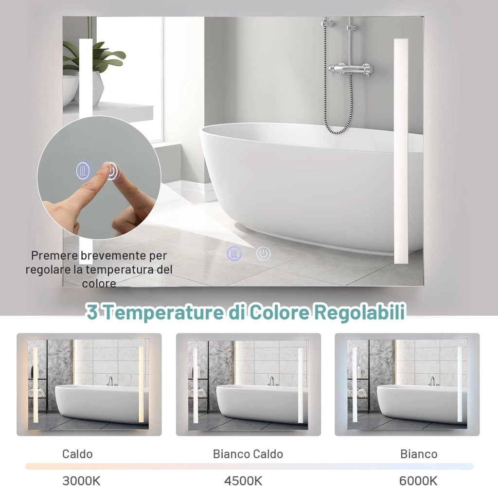 Specchio da Bagno a LED 80x60 cm, Specchio a Parete con Luminosità Regolabile, 3 Colore, Funzione Anti Appannamento e Memoria, Specchio Illuminato
