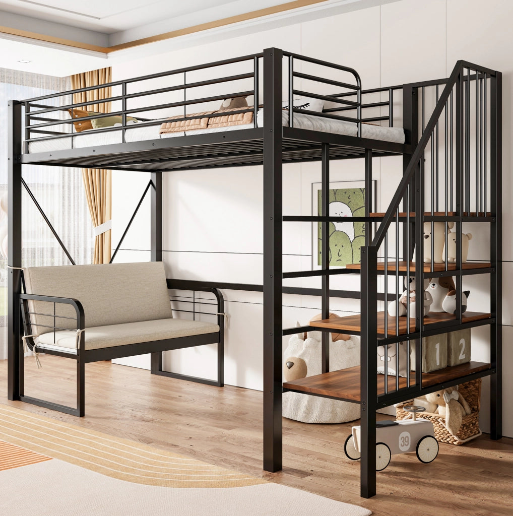 Letto a castello 90x200 cm con scala contenitore e divano imbottito removibile in metallo nero