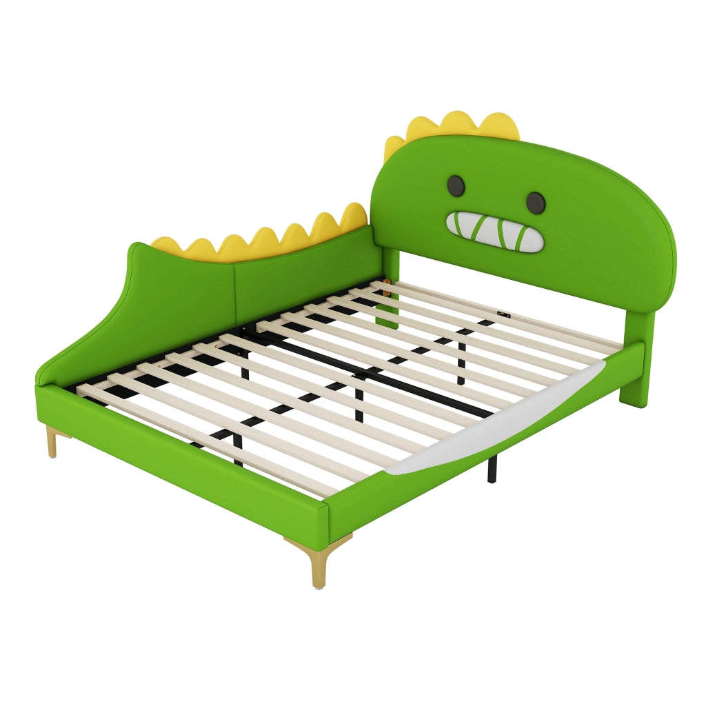 Letto per bambini 140x200 cm a forma di dinosauro, verde, in PU e MDF
