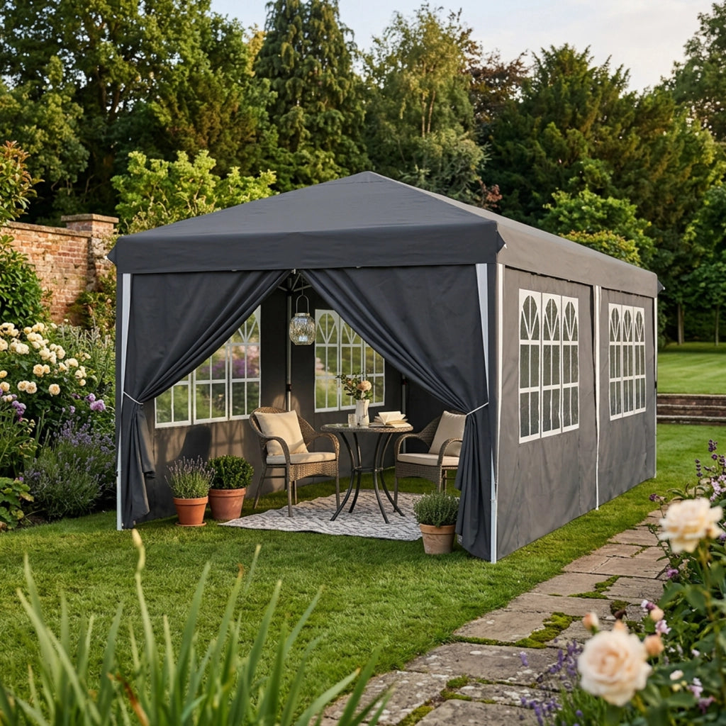 Gazebo Pieghevole Da Catering Con Pareti Laterali Finestre Trasparenti Porte Removibili E Struttura Pop Up Impermeabile Resistente Nero 3x6 Metri