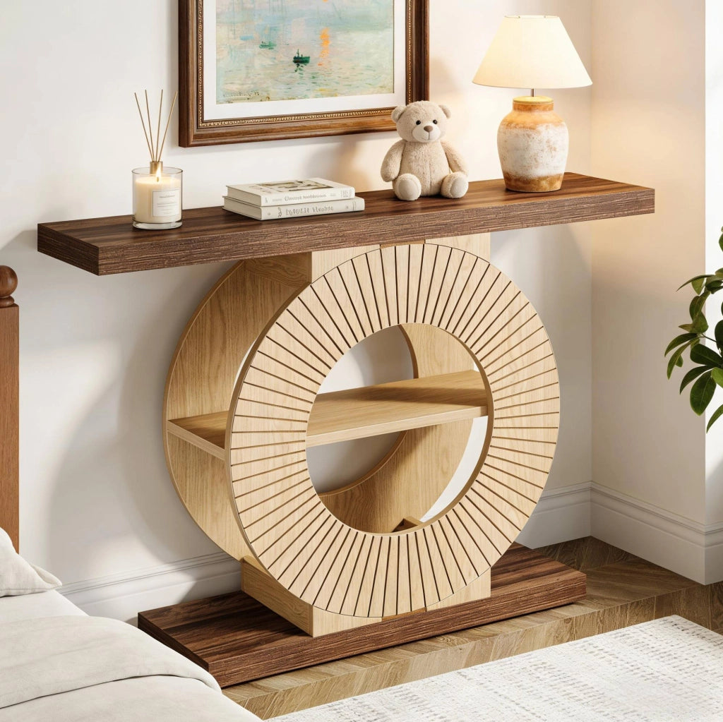 Tavolo consolle in legno con base rotonda e ripiani, design sottile per ingresso