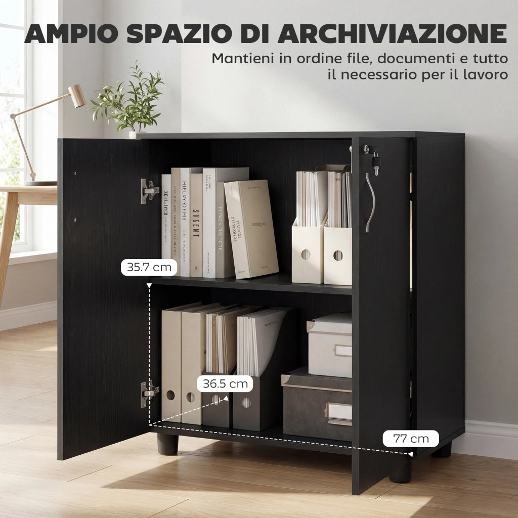 Mobile Ufficio Portadocumenti Multiuso con Serratura, 2 Ante e Mensola Interna, 80x40x80 cm, Nero
