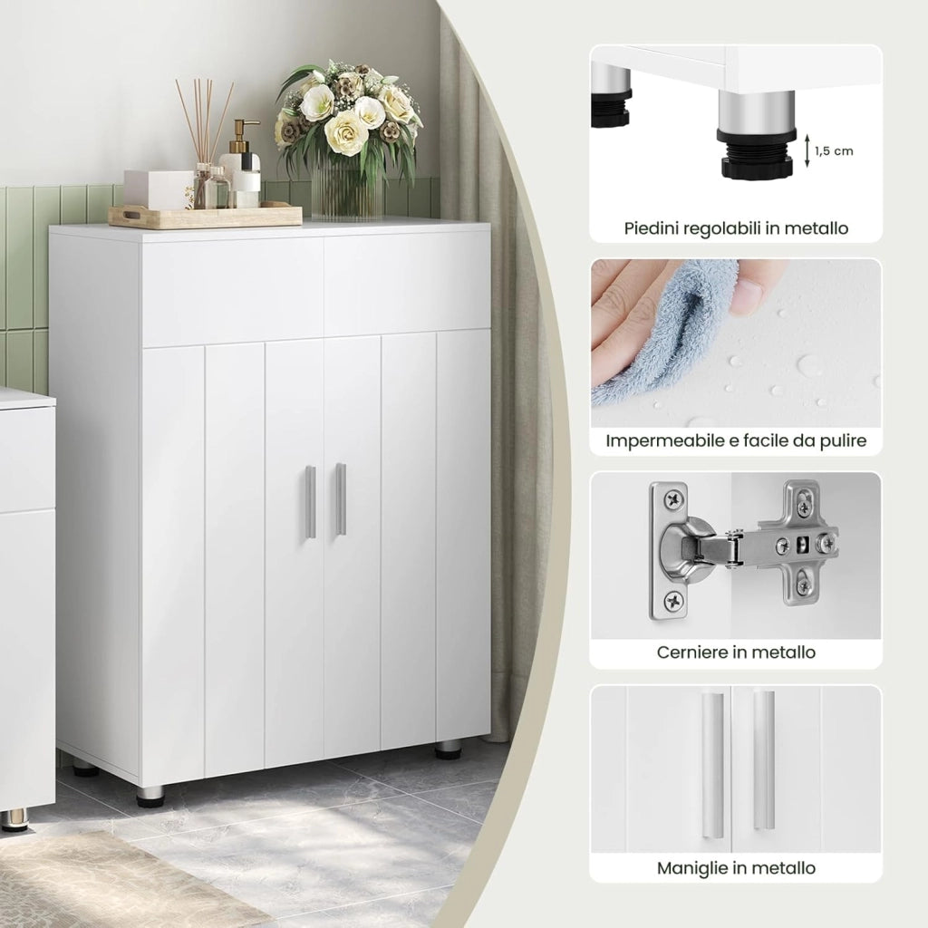 Armadietto da Bagno con Ripiani Regolabili, Mobiletto Multiuso con 3 Scomparti, Maniglie e Ante, Organizzatore per Cucina, Ingresso, Soggiorno, in MDF e Metallo, Bianco