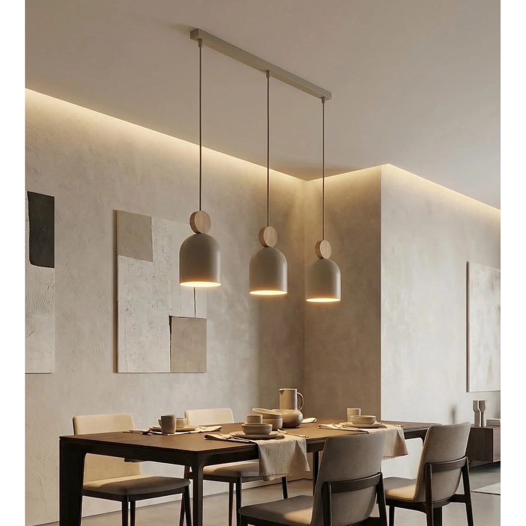 Lampada a sospensione Mesi in acciaio beige e legno