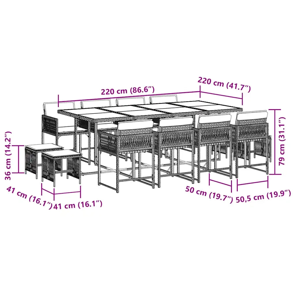 Set da Pranzo da Giardino 13pz con Cuscini Nero in Polyrattan