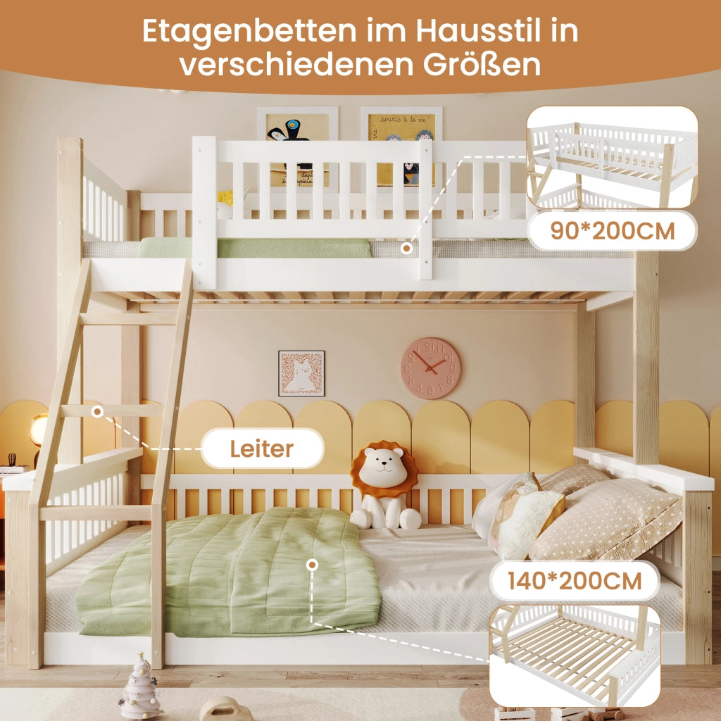 Letto a castello 3 posti 90×200 cm e 140×200 cm con scala; sponde; senza materasso; legno massiccio