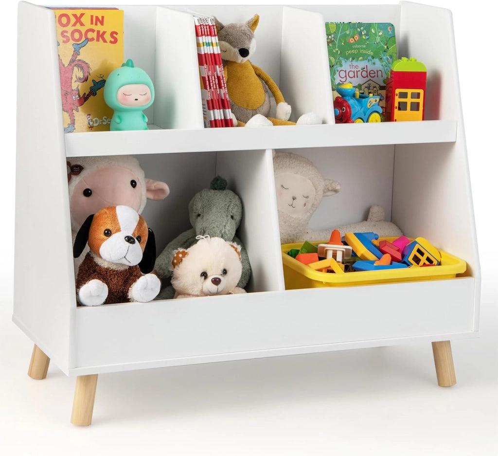 Libreria per Bambini a 5 Cubi, Scaffale Portagiochi a 2 Livelli con Gambe in Legno e Kit Antiribaltamento, per Stanza dei Giochi Camera da Letto, 80x35x71 cm