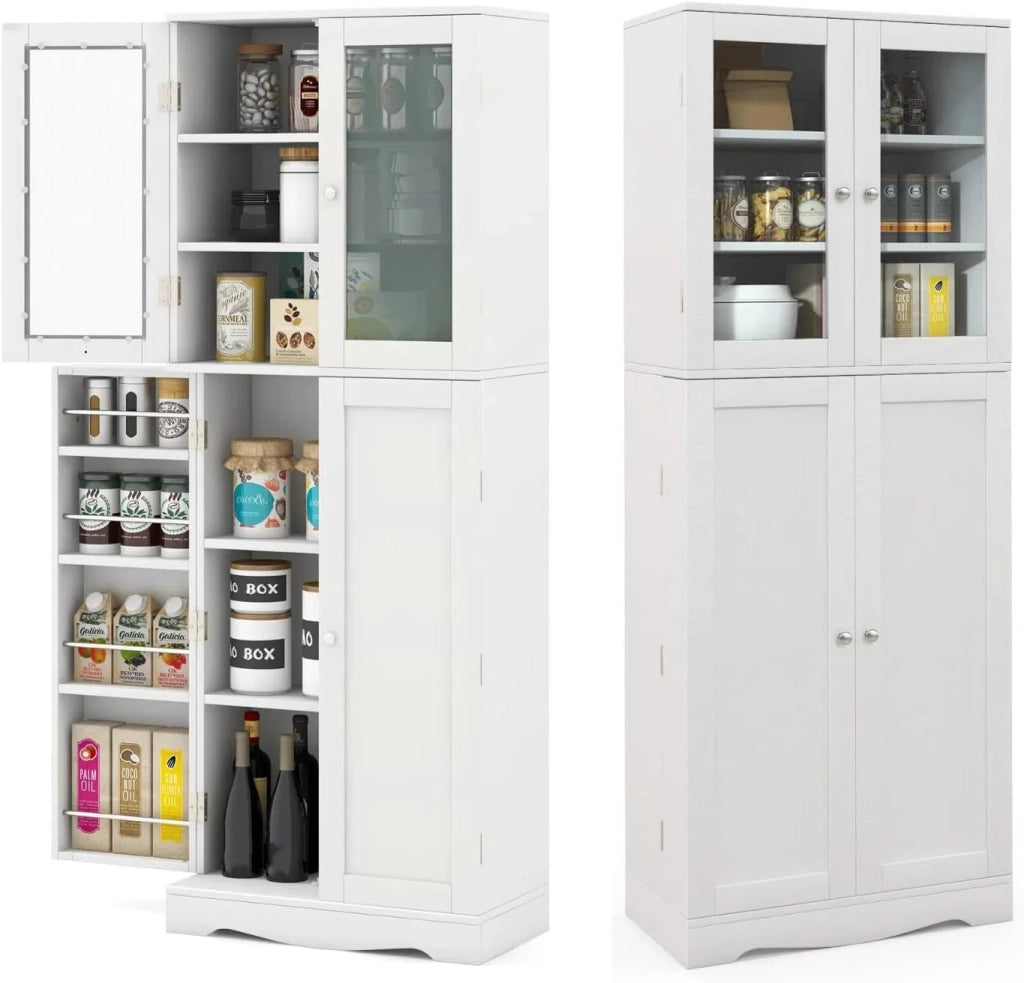 Credenza da Cucina con Anta Multi-Stoccaggio, Mobile Cucina Dispensa con Dispositivo Antiribaltamento, Armadio di Stoccaggio, 60 x 31,5 x 161,5 cm, per Soggiorno, Sala da Pranzo (Bianco)