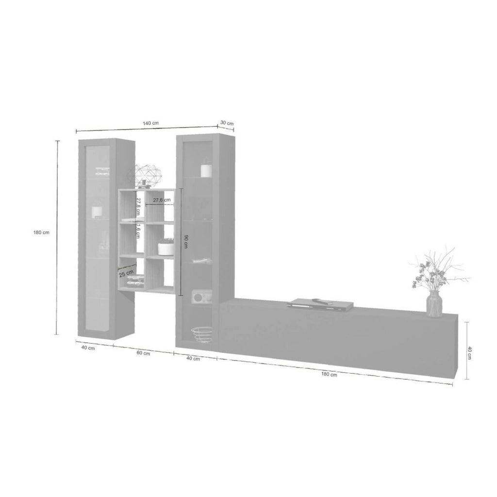 Mobile Soggiorno Lome, Parete Attrezzata 15 Ripiani Made in Italy, 320x30x180h cm Nero Antracite