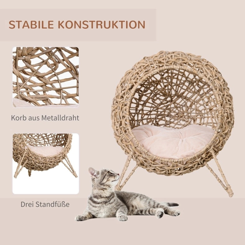 Cuccia rialzata per gatto in rattan sintetico marrone con cuscino