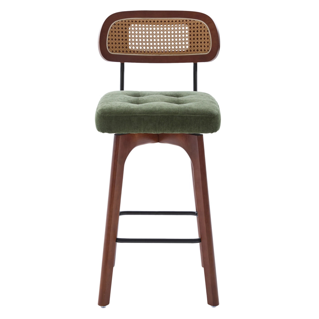 Sgabello da bar girevole a 360° con schienale in rattan; chenille verde