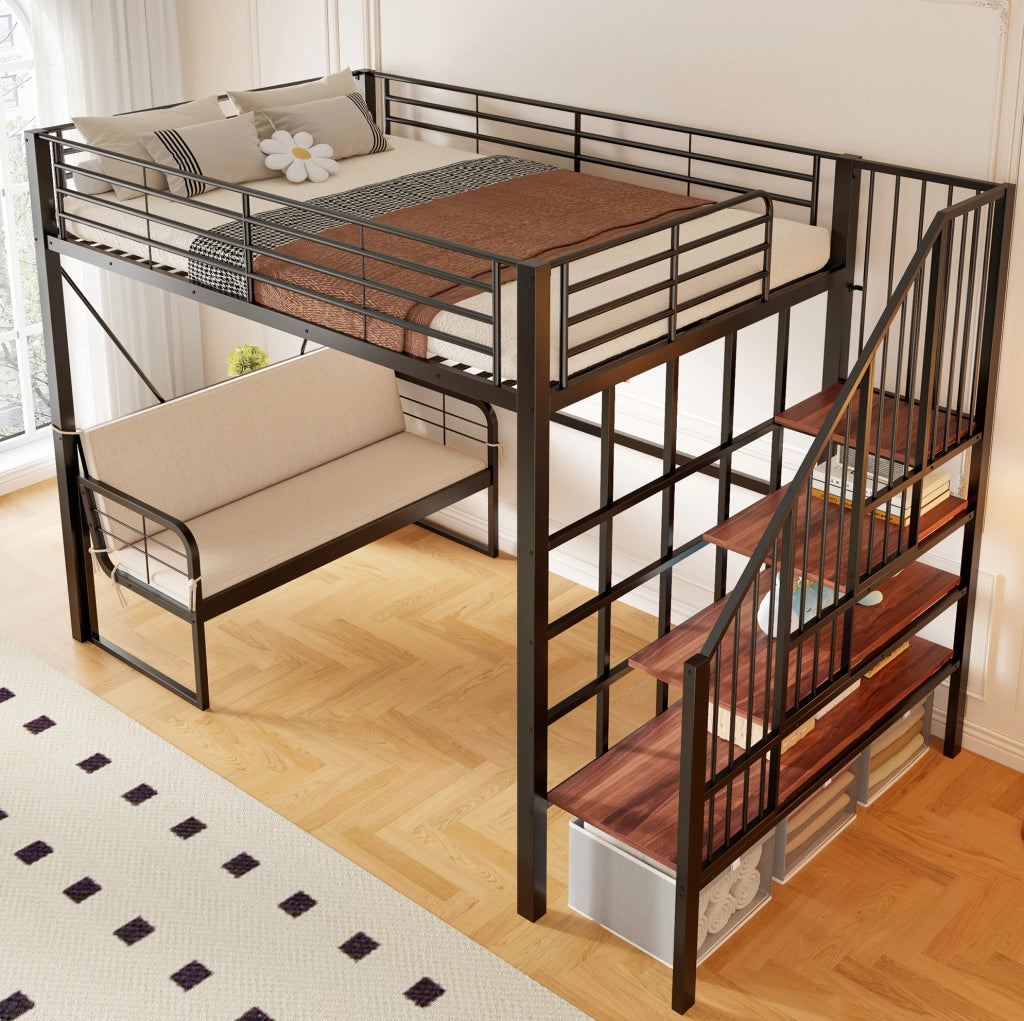 Letto a soppalco 140x200 cm con divano rimovibile e scala contenitore in metallo e MDF nero