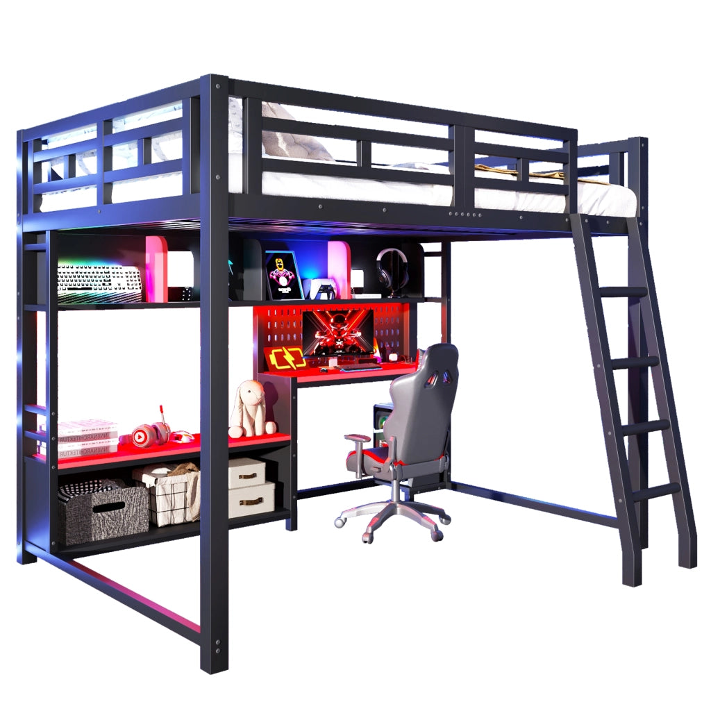 Letto a soppalco 140 × 200 cm con scrivania LED e ripiani in MDF e metallo nero design gaming