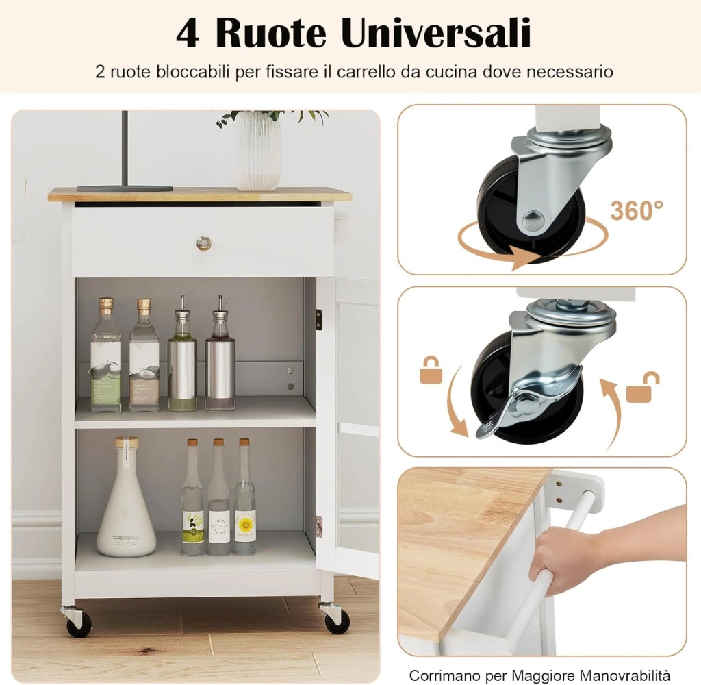 Carrello da Cucina, Armadietto Mobile con Piano in Legno di Gomma Ruote Bloccabili Cassetto e Porta Asciugamani, Carrello Isola da Cucina, 65x48,5x87,5 cm