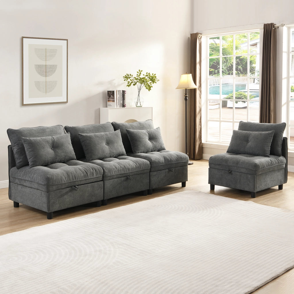 Divano modulare 4 posti - con vano contenitore e funzione letto - in chenille - grigio antico