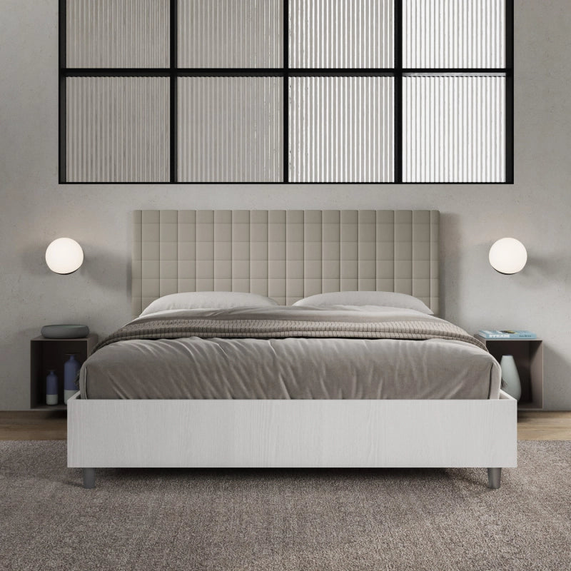 Letto Matrimoniale 160x200 cm struttura bianco frassino testata Burmy - Similpelle,Tortora,Contenitore