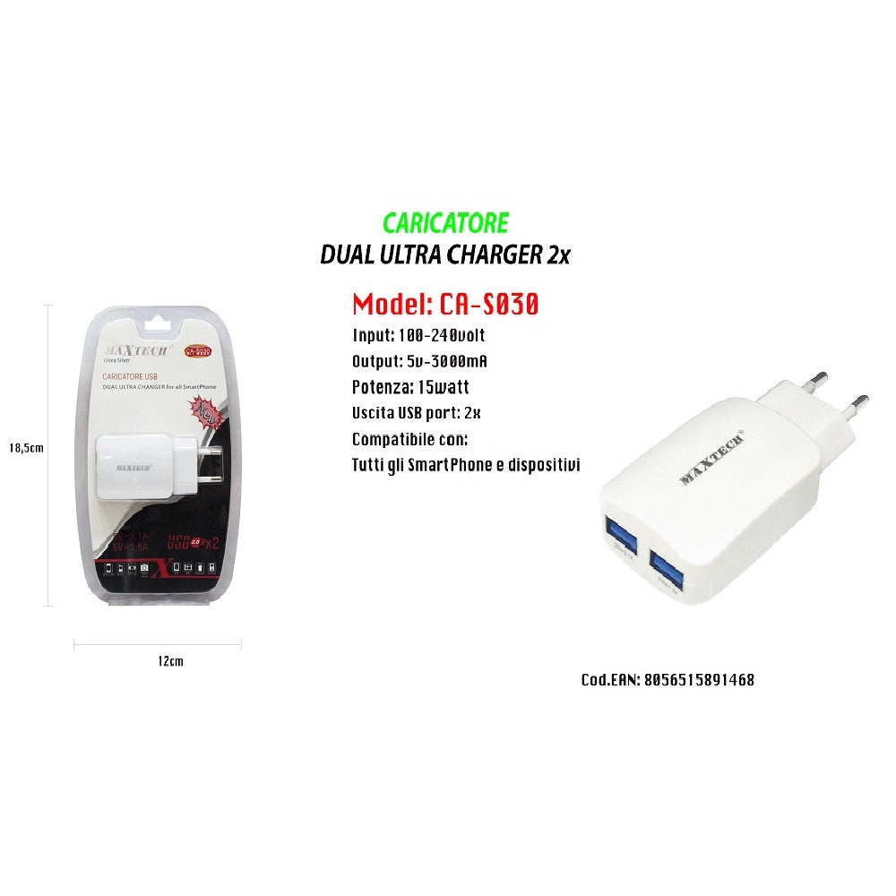 Trade Shop - Caricatore Portatile Presa 2 Usb Per Smartphone 5v - 3100ma Maxtech 18w Ca-s030 -